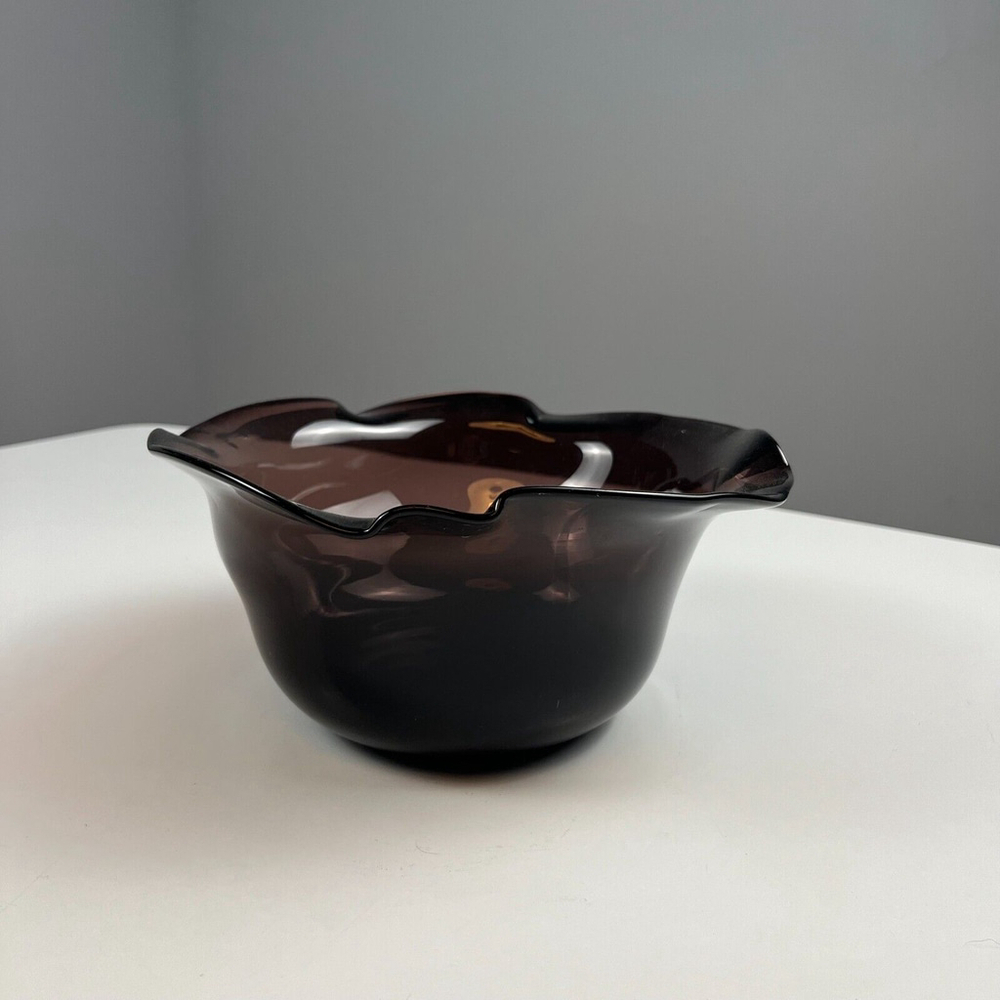 Hand blown slag ruffled rim bowl purple amethyst
